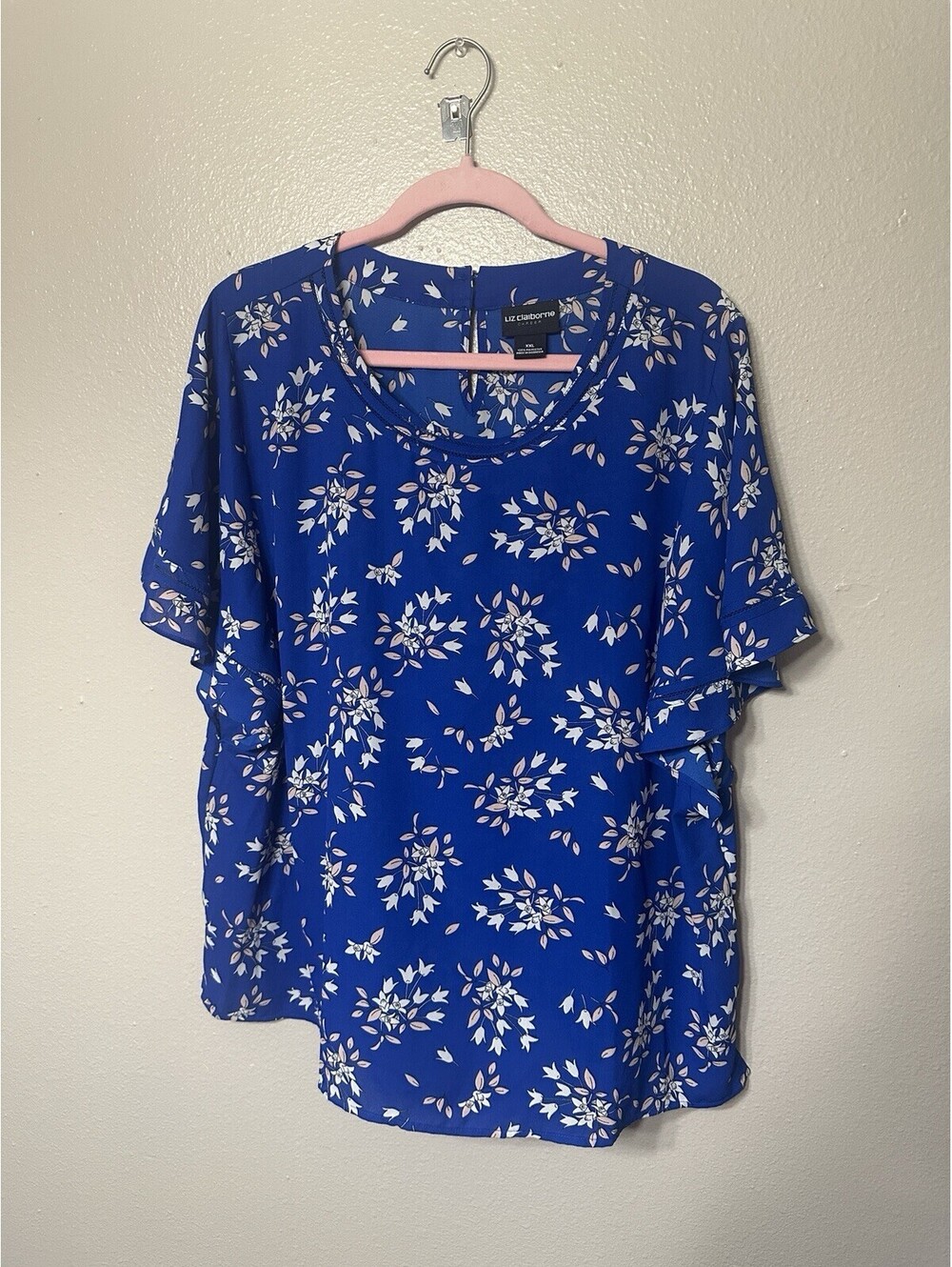 Liz Claiborne Career Womens XXL Blue Floral Ruffle Sleeve Blouse Plus Size